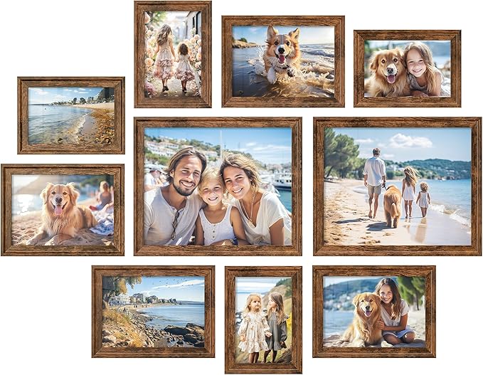 SONGMICS Picture Frames with 16 Mats, Set of 10 Collage Photo Frames, Two 8x10, Four 5x7, Four 4x6 Frames, Hanging or Table Display, Glass, 12 Non-Trace Nails, Rustic Brown URPF049X01