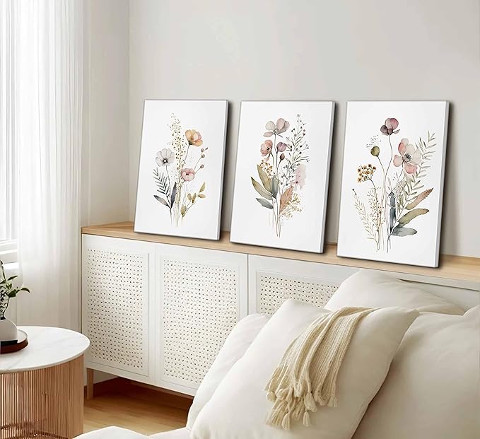 3Pcs Watercolor Wildflower Canvas Wall Art Modern Minimalist Colorful Botanical Floral Painting Pictures Wall Decor Flower Posters Print Artwork for Living Room Bedroom Woman's room Home Decoration