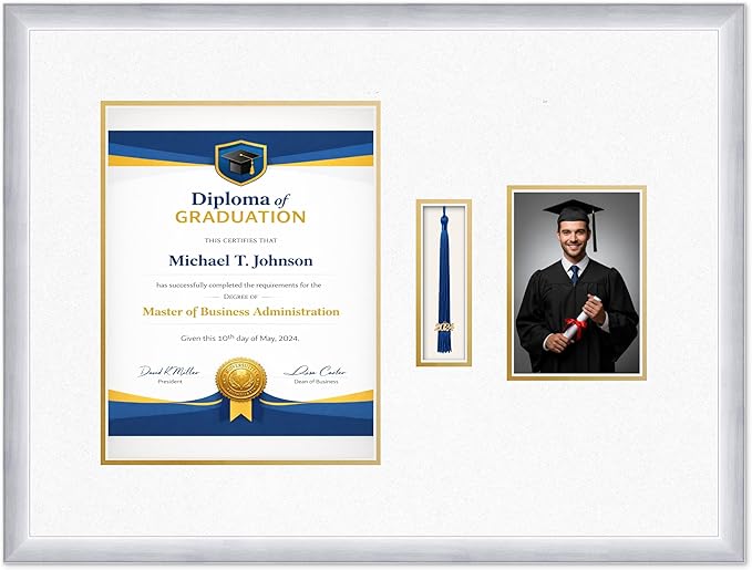 Diploma Tassel and Photo Frame Stainless Silver Shadowbox Oyster Shell Over Gold Mat - Fits 10 x 13 Degree Picture Made in the USA