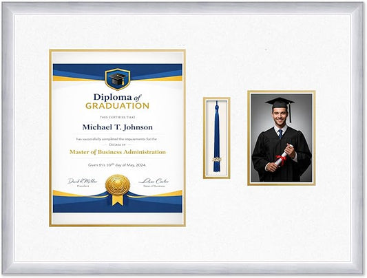 Diploma Tassel and Photo Frame Stainless Silver Shadowbox Oyster Shell Over Gold Mat - Fits 10 x 13 Degree Picture Made in the USA