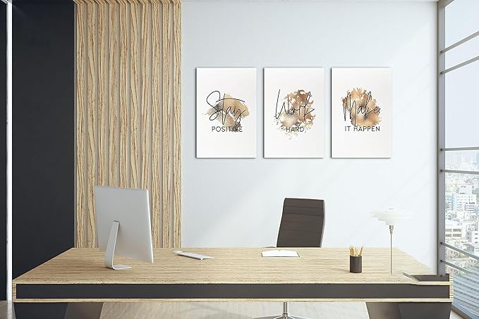 SHMAO Brown Office Canvas Wall Art Motivational Wall Decor, 3 Piece Stay Work Make Print Pictures for Office Wall Decor Women Inspirational Framed Artwork Home Office Decor 12”x18”x3 Panels