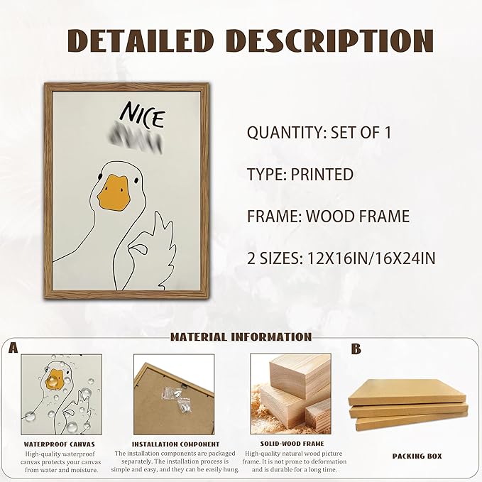 Framed Funny Duck Bathroom Wall Art, Humorous Canvas Wall Decor Painting, Minimalist Farmhouse Cute Goose Animal Print Posters Pictures for Bathroom Restroom 12x16 Inch