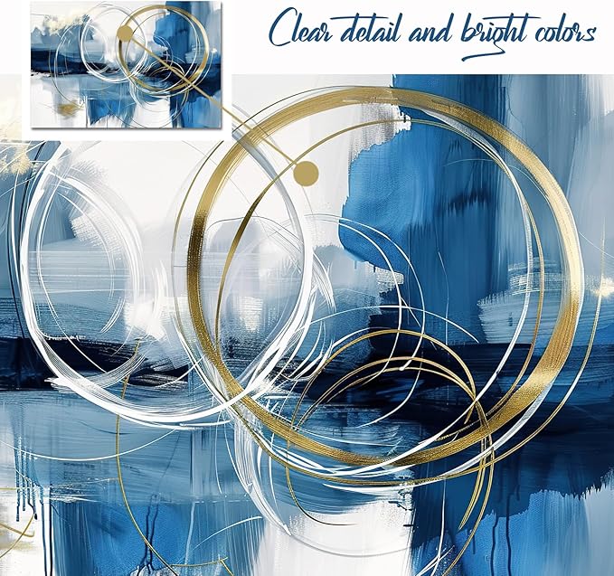 gaosoul Minimalist Abstract Canvas Wall Art Blue and Gold Doodles on White Background Painting Prints Stylish Framed Artwork for Living Room Bedroom Office Decor 24x16in