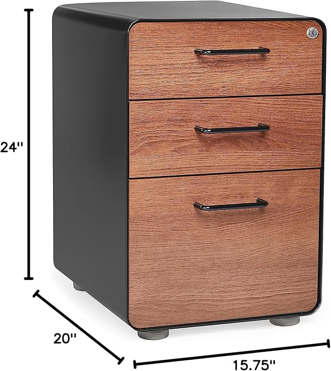 Poppin Stow 3-Drawer File Cabinet - Black + Walnut, 2 Utility Drawers and 1 Hanging File Drawer, Fully Painted Inside and Out, Powder-Coated Steel, Two Keys Included, Stationary