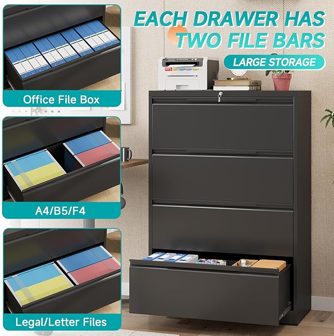 4 Drawer Lateral File Cabinet with Lock, Heavy-Duty Metal Vertical Filing Cabinet for Office, Steel Storage Compatible with Hanging Files Letter/Legal/F4/A4 Sizes (4 Drawer, Black)