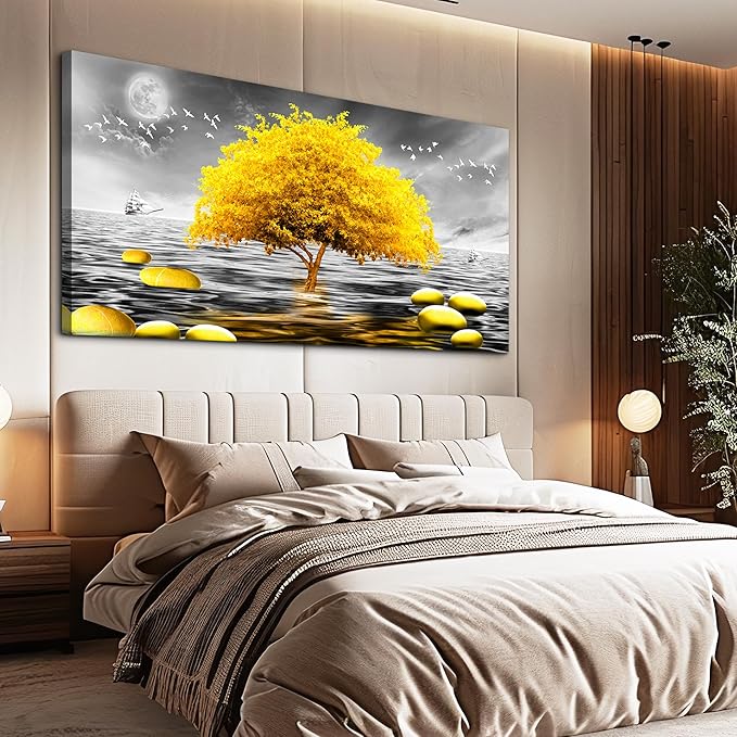 hyidecorart Canvas Wall Art 30"X60" - Black And White Ocean Scenery & Yellow Tree Art Print, Large Wall Decor Posters Abstract Pictures for Living Room, Bedroom, Office Modern Home Decor