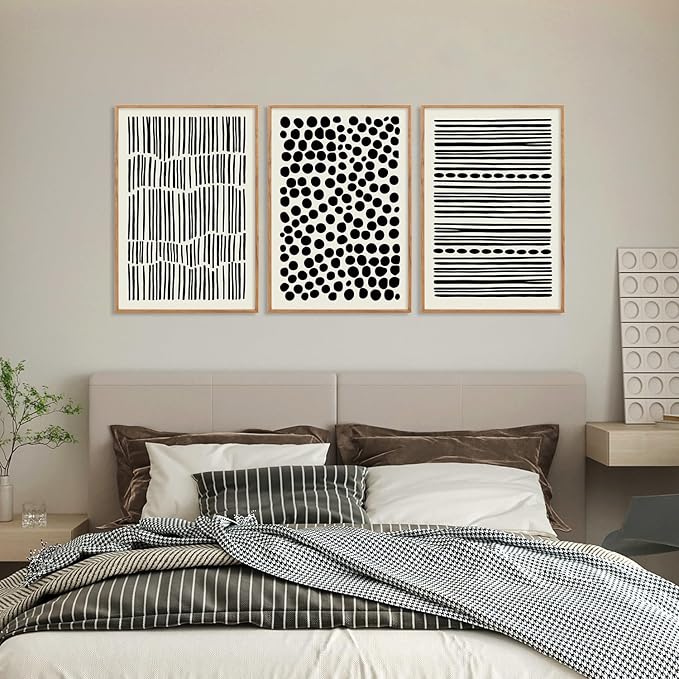 KAIRNE Black and White Boho Framed Canvas Wall Art Set, Abstract Modern Geometric Wall Decor, Minimalist Black Line Wall Painting, Modern Neutral Art Print for Living Room, Bedroom, Kitchen 16x24inch