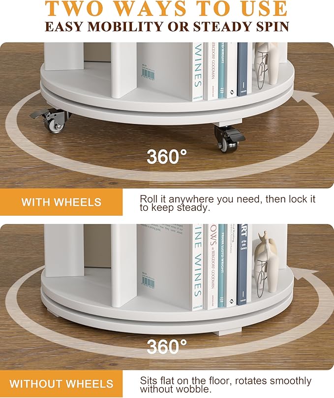 Rotating Bookshelf, 6 Tier Solid Wood Bookshelf Tower with Lockable Wheels, 360° Spinning Revolving Bookcase for Small Spaces, Corners, Bedroom, Kids Room, Home Office, White