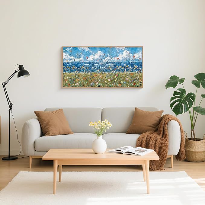 Large Blue Seaside Wildflower Framed Canvas Wall Art,Modern Nature Ocean Wall Decor,Rustic Sky Printing,White Cloud Landscape Artwork for Living Room,Bedroom,Dining Room-20"x40"x1