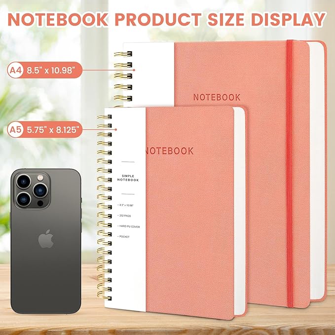 Spiral Notebook - 8.5 x 10.98 Inch Large Hard Cover Notebook with Elastic Band & Pocket, 252 Pages, Lay Flat Wirebound Journal for Work, School, Planning & Note Taking Pink