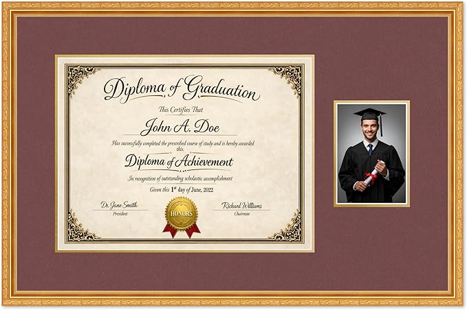 Diploma Frame With Photo Opening Museum Gold Dark Red Over Gold Mat - Fits 17 x 13 Degree and Picture Made in the USA