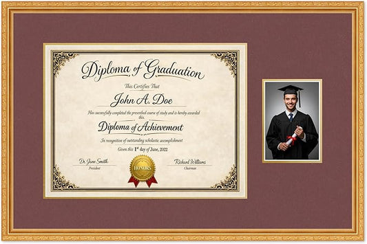 Diploma Frame With Photo Opening Museum Gold Dark Red Over Gold Mat - Fits 17 x 13 Degree and Picture Made in the USA