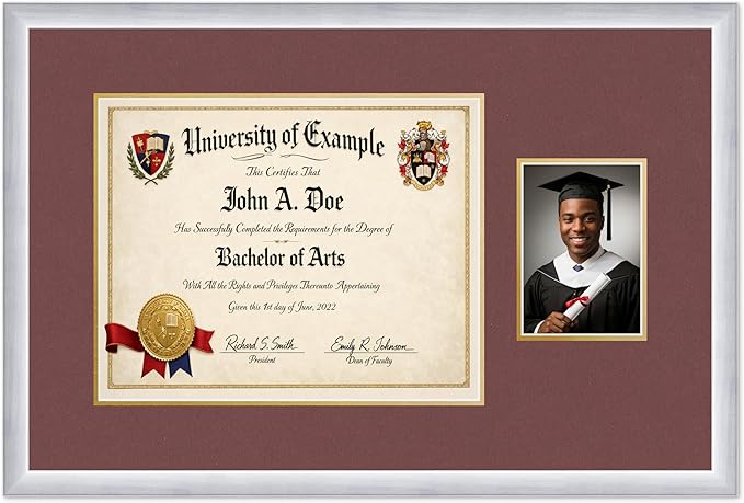 CountryArtHouse Fits 15 x 12 Military/Government and 5 x 7 Photo Diploma and Photo Frame Stainless Silver Genuine Hardwood with Dark Red Over Metallic Gold Double mat