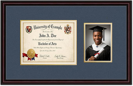 CountryArtHouse Fits 10 x 8 Professional License and 5 x 7 Photo Diploma and Photo Frame Executive Brown Genuine Hardwood with Navy Blue Over Metallic Gold Double mat