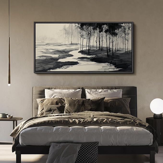 SIGNFORD Extra Large Framed Canvas Print Wall Art Minimalist Ink Forest Landscape Illustrations Modern Art Calm Warm for Living Room, Bedroom, Office - 60"x30"