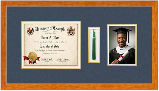 Diploma Tassel and Photo Shadowbox Fits 10 x 8 Professional License with Tassel Hook and Honey Oak Genuine Hardwood with Navy Blue Over Metallic Gold Double mat