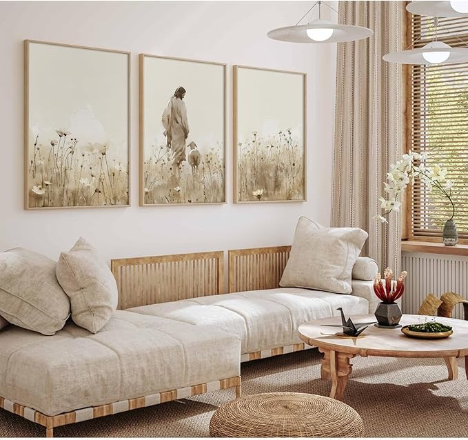 Jesus Leaves the 99 Sheep Wall Art Christian Canvas Poster Jesus and Lamb Wall Decor Religious Pictures Lost Sheep Painting God Christ Painting Artwork for Bedroom Living Room 12x16x3 Inch Unframed