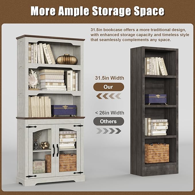 Tall Bookcase, 70 inch Height, 5-Tier Open Storage Shelf, 31.5 in Wide Standing Bookshelves for Home, Office, Bedroom, School, Library, 31.5W * 11.81D *70H (White Espresso, Glass Door)