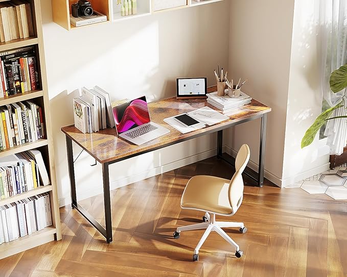 Casaottima 54 Inch Computer Desk for Home Office, Study Writing Table for Small Spaces, Simple Modern Desk with Headphone Hooks, Rustic Brown