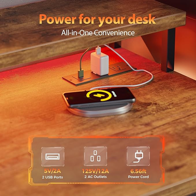 Mericonia Gaming Desk with Power Outlets & LED Lights, Reversible Computer Desk with PC Case Stand, Fabric Drawers, Modern Office Desk with Shelves, Monitor Stand