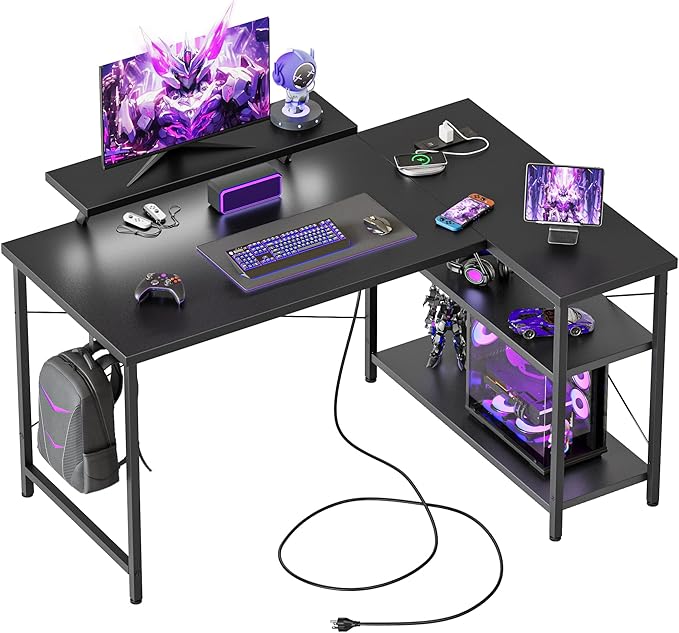 Mericonia Small L Shaped Computer Desk with Power Outlets, Reversible Gaming Desk with Storage Shelves & Monitor Stand, Corner Gamer Desk Table, Study Writing Table