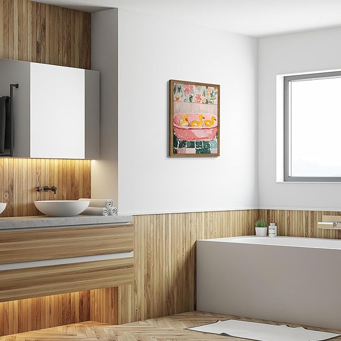 Framed Funny Bathroom Wall Art Decor, Yellow Duck in Pink Bathtub Canvas Wall Decor Painting, Cute Whimsical Animal Poster Print Picture for Girls Bathroom Nursery 16x24 Inch