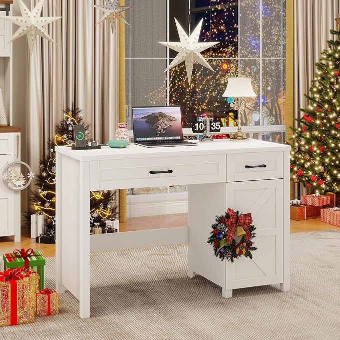 Farmhouse 47" Executive Desk, Computer Desk with Drawers and Storage Cabinet, Workstation Computer Desk for Home Office and Study.(Cream White)