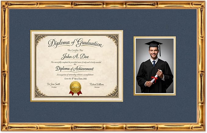 Diploma Frame With Photo Opening Gold Bamboo Navy Blue Over Gold Mat - Fits 11 x 8.5 Degree and Picture Made in the USA