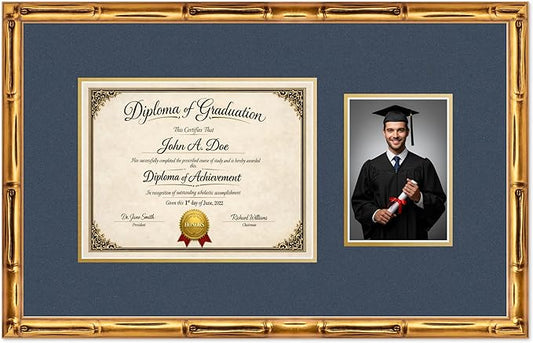Diploma Frame With Photo Opening Gold Bamboo Navy Blue Over Gold Mat - Fits 11 x 8.5 Degree and Picture Made in the USA