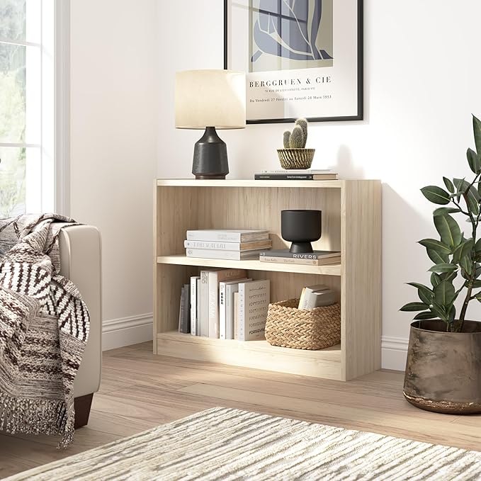 Bush Home Universal Small 2 Shelf Bookcase in Natural Elm, Low Storage and Display Bookshelf for Home Office or Living Room Organization