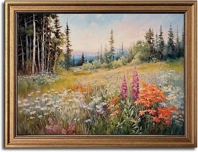 Gold Framed Wall Art Vintage Floral Canvas Wall Art Wildflower Field Rustic Landscape Sunset Sky Artwork Prints Picture for Living Room Bedroom Farmhouse Bathroom Office Decor, 12x16