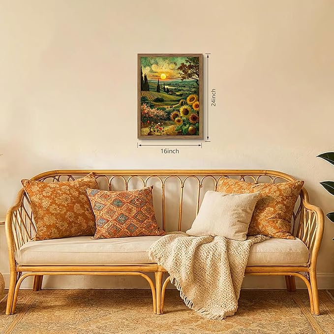Framed Vintage Sunflower Wall Art, Cottagecore Van Gogh Impressionist Canvas Wall Decor Painting, Rustic Farmhouse Sunset Landscape Artwork Print Picture for Living Room Bedroom 16x24 Inch