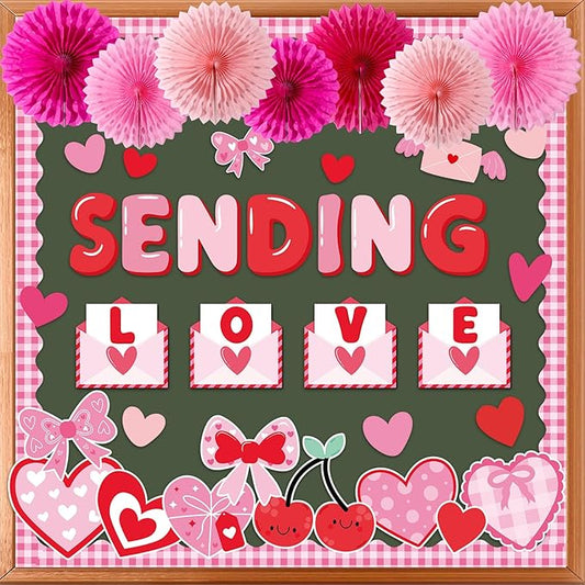 Valentine's Day Bulletin Board Decoration with 3D Paper Fans Valentines Party Classroom Bulletin Board Decorations Sending Love Heart Envelope Cutouts Red Pink Heart Cut Outs for School Home Wall Door