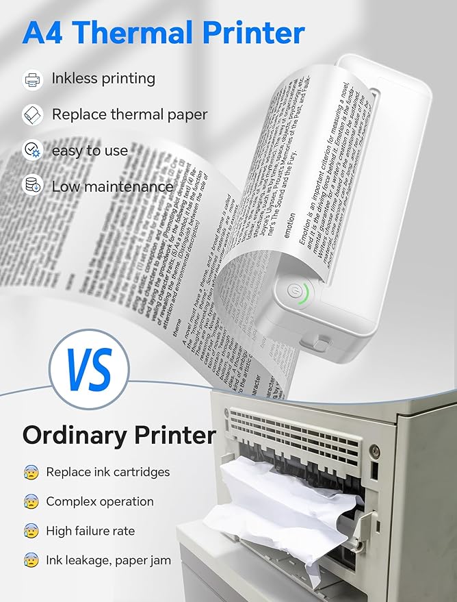 Relassy Portable Wireless Thermal Printer, Inkless A4 Printer for Travel, Home & Office, Compatible with Android, iOS, Laptops, 300DPI Compact Bluetooth Printer with Rechargeable Battery