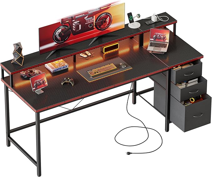 Mericonia Computer Desk 63 inch with Power Outlets & LED Lights, Gaming Desk with 3 Drawers for Home Office, Small Desk with Monitor Stand for Small Spaces, Study Writing Desk