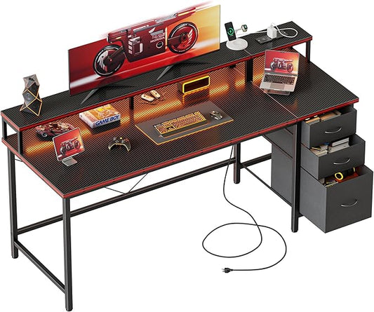 Mericonia Computer Desk 63 inch with Power Outlets & LED Lights, Gaming Desk with 3 Drawers for Home Office, Small Desk with Monitor Stand for Small Spaces, Study Writing Desk