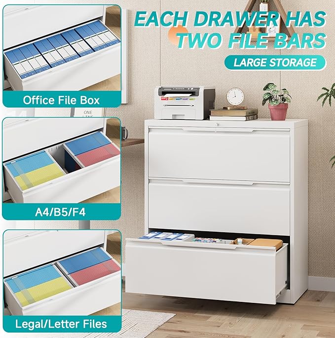 3 Drawer Lateral File Cabinet with Lock, Heavy-Duty Metal Filing Cabinet for Home Office, Steel Storage Compatible with Hanging Files Letter/Legal/F4/A4 Sizes (3 Drawer, White)