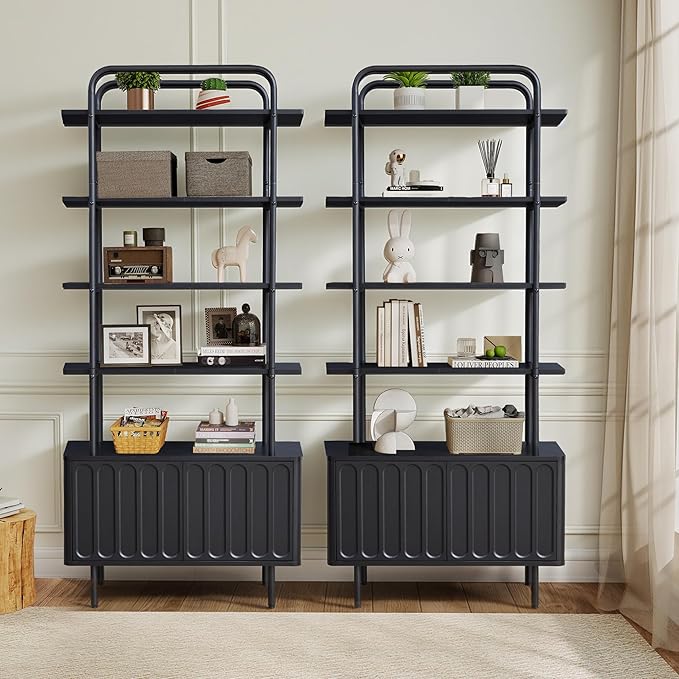 71" Tall Bookshelf with Door, 6-Tier Bookcase Modern Metal Book Shelf with Open Shelves & Adjustable Footpad Freestanding Storage Cabinet for Living Room, Home Office (Black)