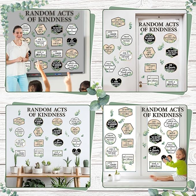 Greenery Random Acts of Kindness Bulletin Board Set Eucalyptus Classroom Bulletin Board Decorations Kindness Challenge Cutouts Classroom Decorations for Back to School Office Chalkboard Decor
