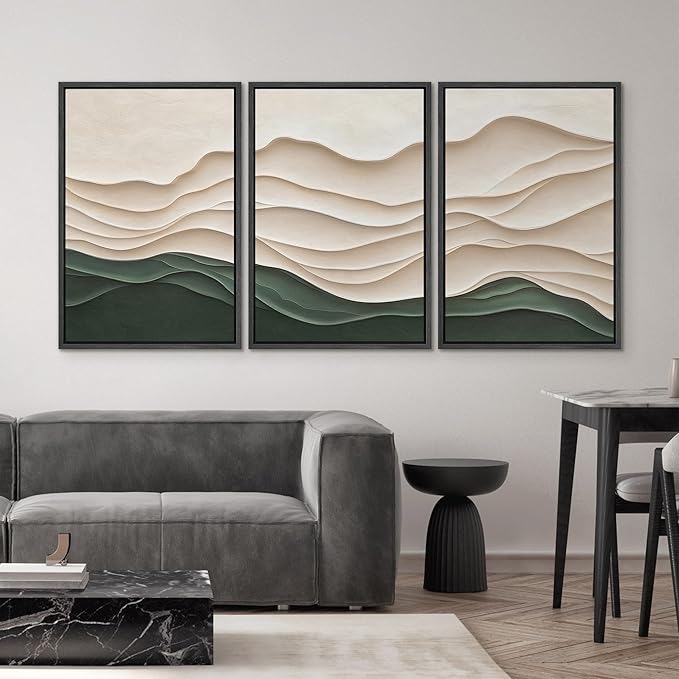 SIGNWIN Framed Canvas Print Wall Art Set Textured Paper Cut Landscape Beige and Green Minimalist Illustrations Modern Art Rustic Scenic Relax/Calm for Living Room, Bedroom, Office - 16"x24"x3 Black