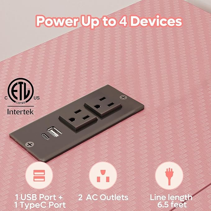 Bestier Pink Computer Desk with Power Outlets,42 LED Small Gaming Corner Desk with Reversible Storage Shelves,L Shaped Desk with Headset Hooks Studying and Workstation Desk for Office and Bedroom