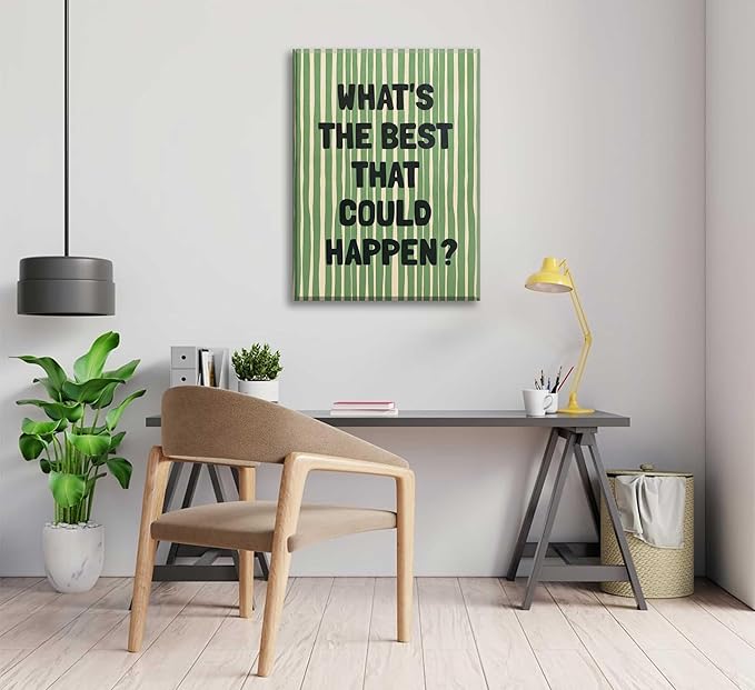 What's The Best That Could Happen Wall Art Green Striped Positive Quotes Canvas Wall Decor Funky Preppy Picture Prints Inspirational Quotes Poster Painting for Bedroom Living Room Picture Framed