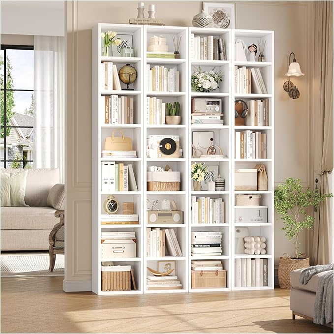 FOTOSOK White Bookshelf 8-Tier Media Tower Rack, 11.6 X 9.3 X 70.9 Inches CD DVD Slim Storage Cabinet with Adjustable Shelves, Tall Narrow Bookcase Display Bookshelf for Home Office, White