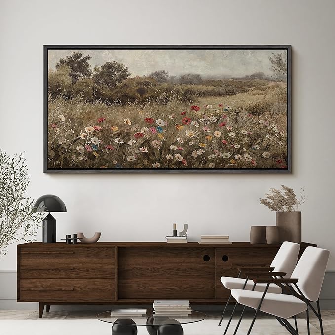 SIGNFORD Extra Large Framed Canvas Wildflower Meadow in Soft Fog Vintage Nature Illustrations Modern Art Calm Warm for Living Room, Bedroom, Office - 60"x30"