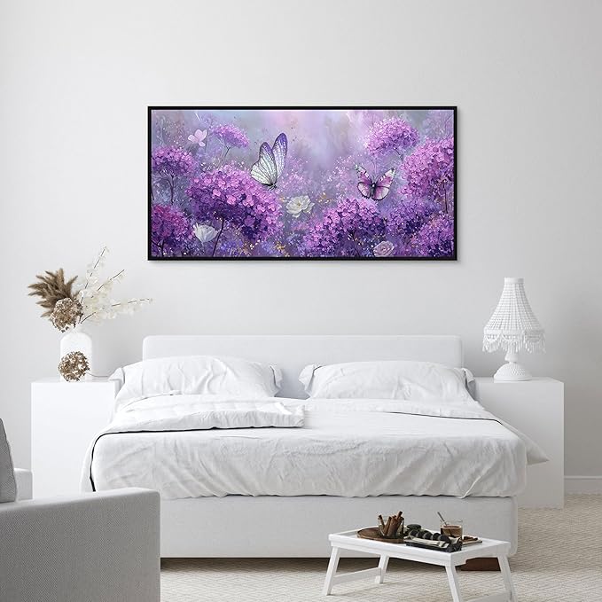 yiijeah Purple Wall Art Bedroom Canvas Lavender Bathroom Decor Butterfly Picture Items for Women Framed Artwork Print 40x20 Inches