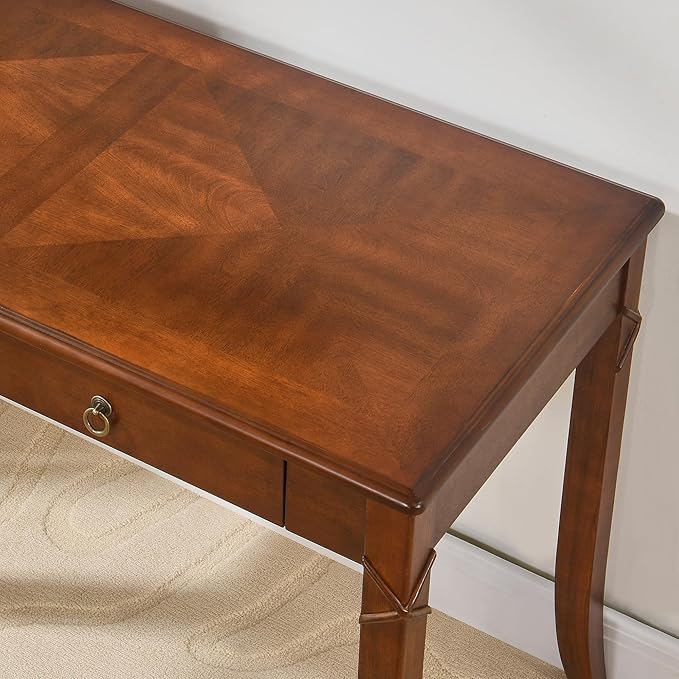 Traditional Home Office Desk with 2 Storage Drawers, Solid Wood Computer Desk with Elegant Carved Legs,Vanity Desk, Writing Desk, Corner Table for Living Room, Easy Assembly Cherry Brown BSZ-DR200