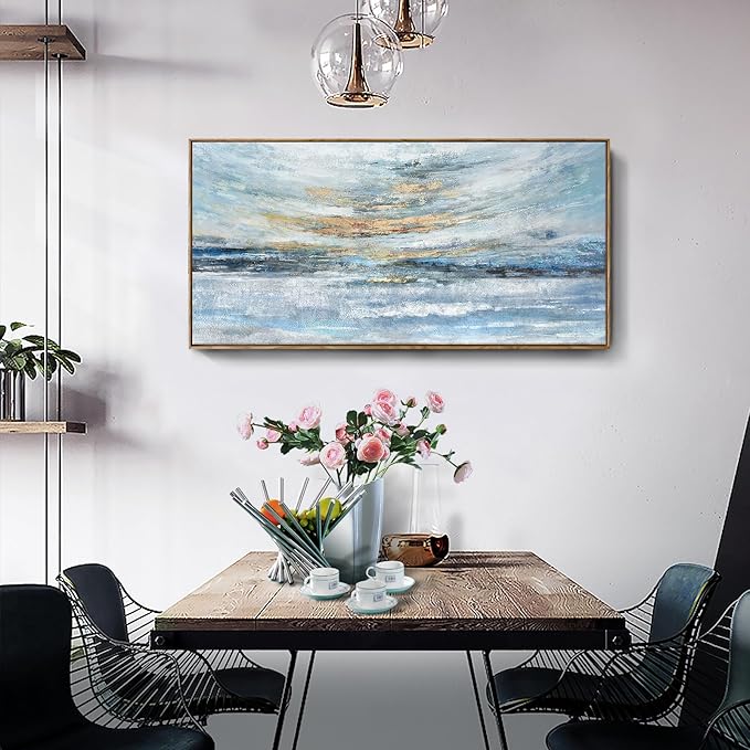 Nicetop Large Wall Art Canvas for Living Room, Framed Abstract Coastal Painting - 48x24 Inch Modern Light Blue and Gold Sunset Print, Ready to Hang Décor for Bedroom, Office, Bathroom, Dining Room Wall