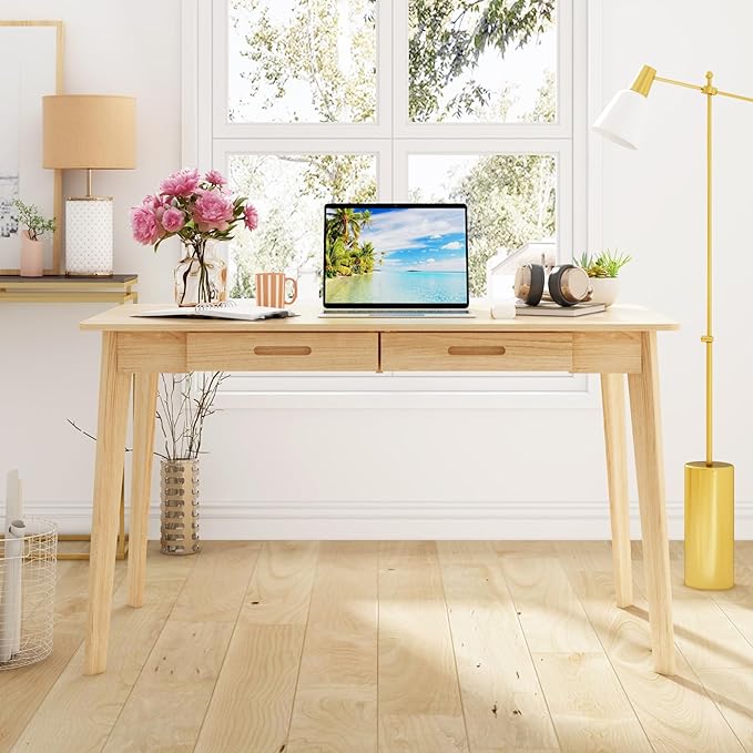 Home Office Computer Desk Coner Desk with 2 Drawers, Study Writing Table for Home Office, Study, Wood Color (47.2 ”W x 23.6”D x 29.1”H)
