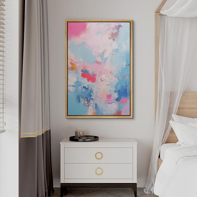 SIGNFORD Framed Canvas Print Wall Art Pink Baby Pastel Blue Landscape Abstract Geometric Illustration Minimalism Decorative Colorful Mid-Century for Living Room, Bedroom, Office - 24"x36" Natural