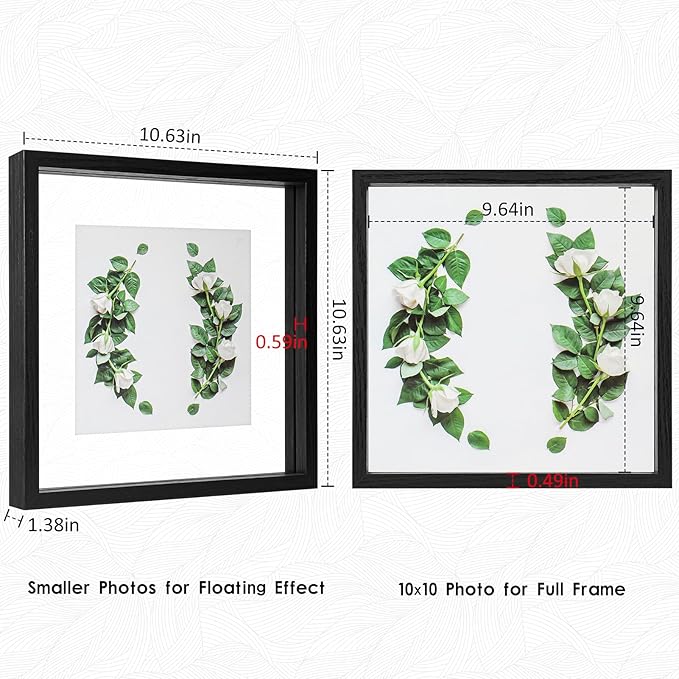 MUYE 10x10 Floating Frames Set of 2,Double Glass Picture Frame Display Any Size Photo up to 10x10,Wall Mount or Tabletop Standing,Black